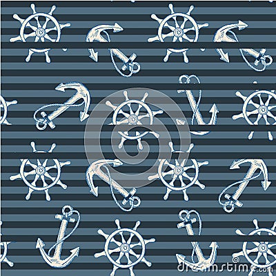 Anchor and steer on blue stripes background seamless sailor pattern. Art design elements stock vector illustration Vector Illustration